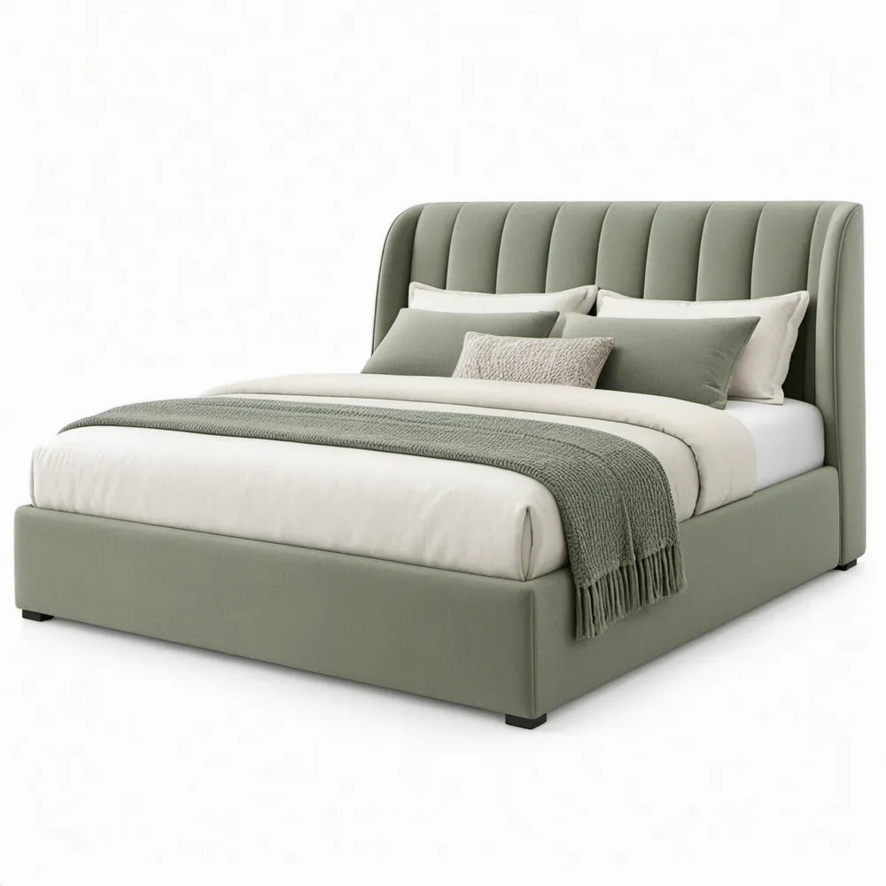 Gestoffeerd bed 160 x 200 cm in saliegroen polyesterfluweel