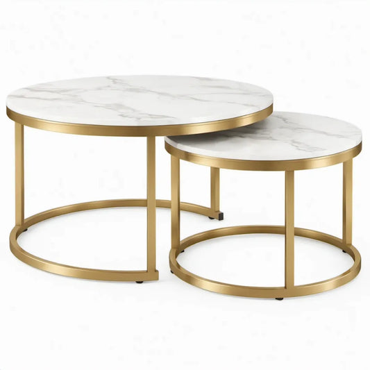 Set van 2 ronde salontafels met wit-grijs marmerlookblad en goudkleurig stalen frame, Ø 80 x 45 cm en Ø 60 x 38 cm