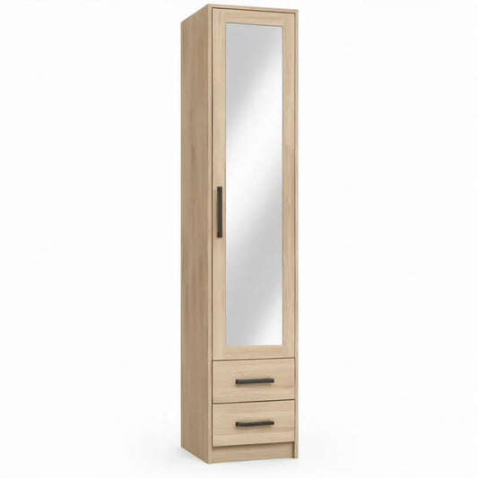 Licht eiken kledingkast met spiegeldeur en 2 laden, 190 x 50 x 40 cm