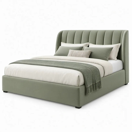 Gestoffeerd bed 160 x 200 cm in saliegroen polyesterfluweel