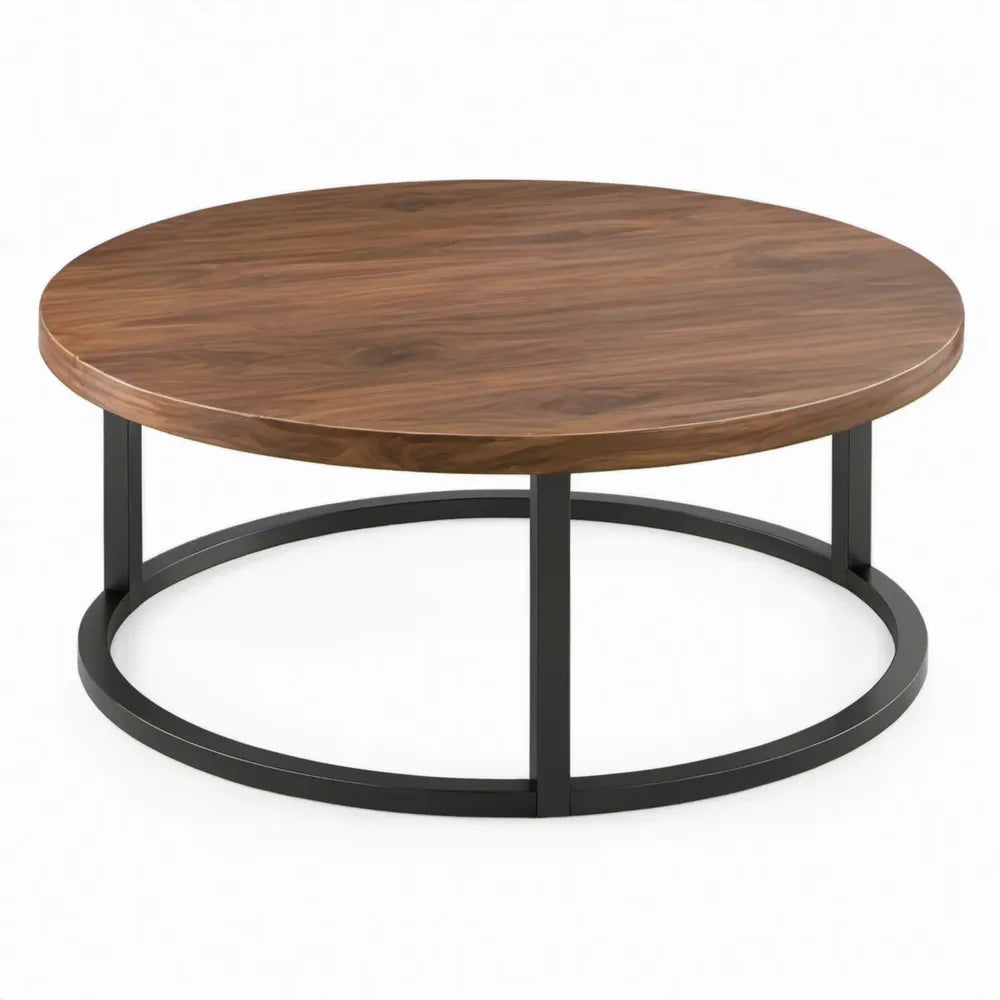 Ronde salontafel Ø 80 x 45 cm met walnootkleurig MDF-blad en zwart stalen onderstel