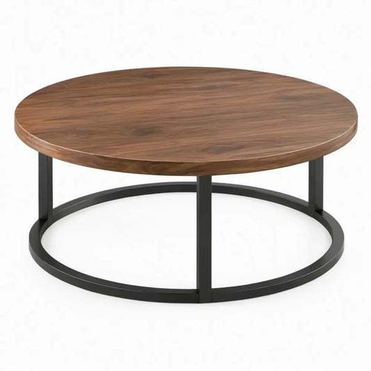 Ronde salontafel Ø 80 x 45 cm met walnootkleurig MDF-blad en zwart stalen onderstel