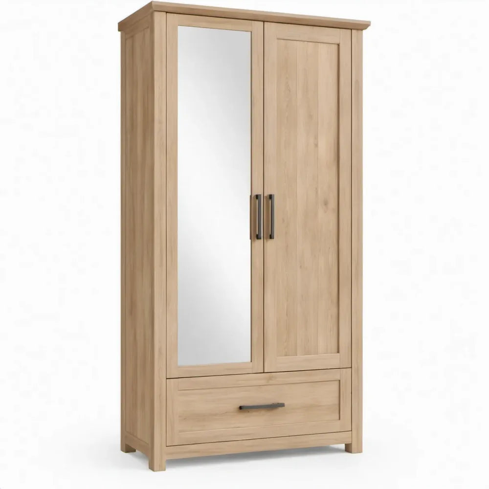Kledingkast met spiegel, 1 lade en 2 deuren - 90 x 52 x 190 cm - Licht eiken/Zwart