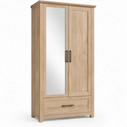 Kledingkast met spiegel, 1 lade en 2 deuren - 90 x 52 x 190 cm - Licht eiken/Zwart
