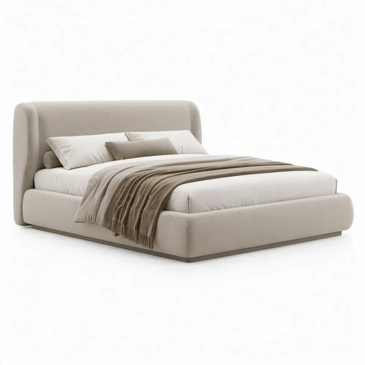 Gestoffeerd tweepersoonsbed 180 x 200 cm beige met afgerond hoofdbord