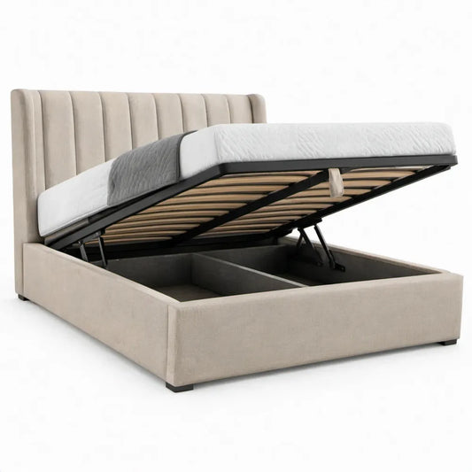 Beige gestoffeerd tweepersoonsbed 160 x 200 cm met opbergruimte, lattenbodem en hydraulisch liftsysteem