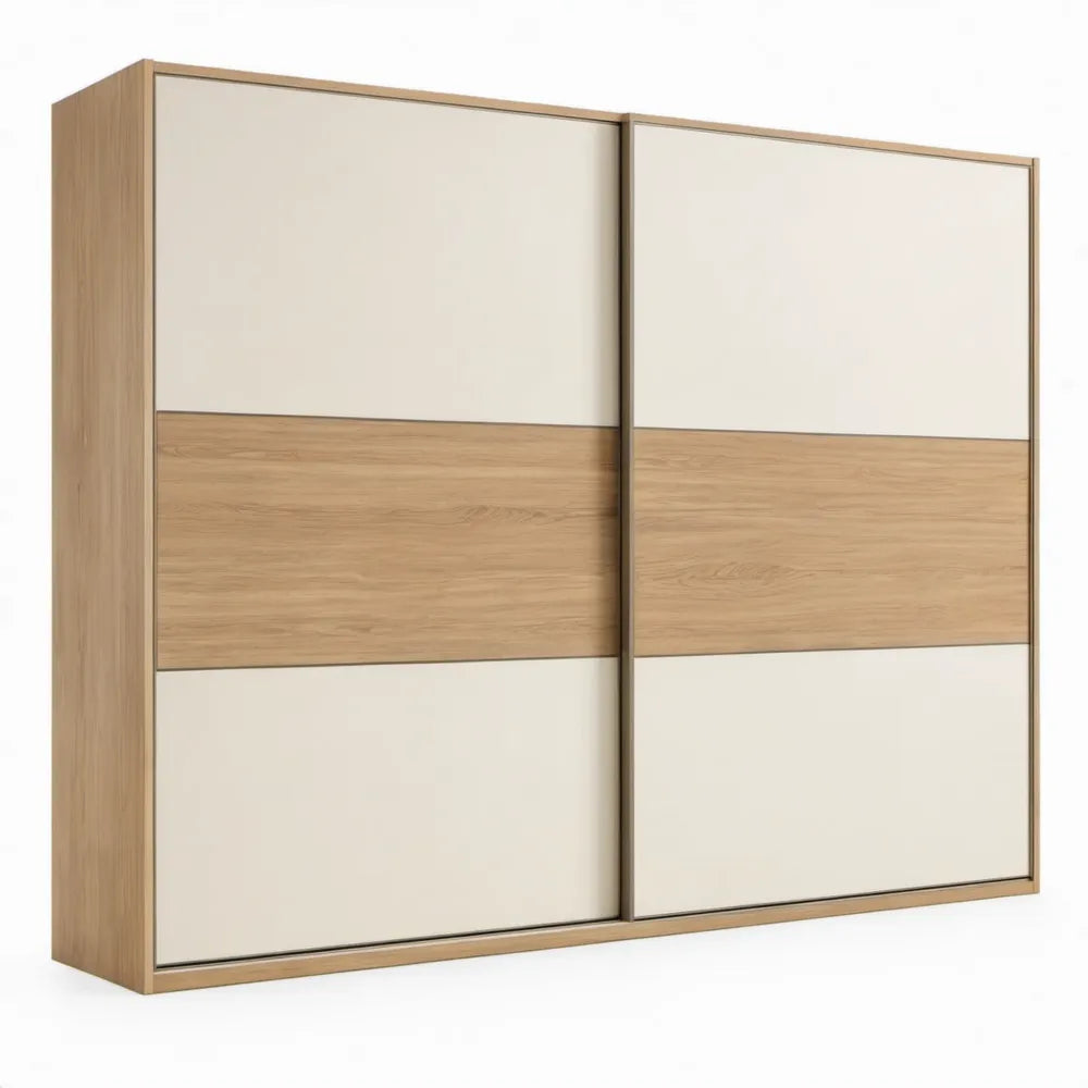 Schuifdeurkast 200 x 60 x 220 cm in eikenkleur en gebroken wit