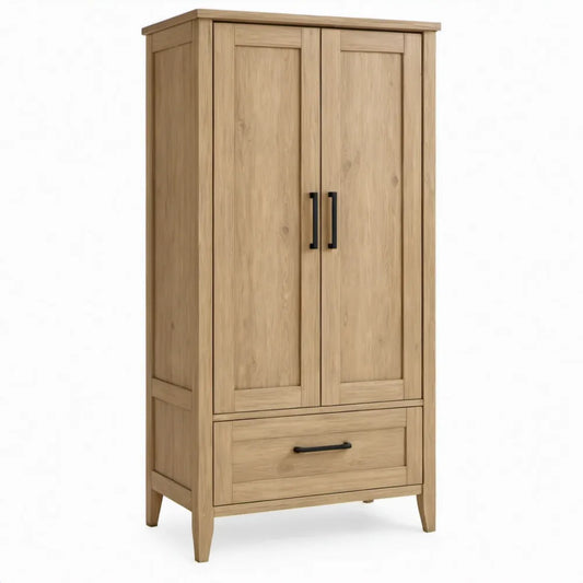 Eikenhouten kledingkast met 2 deuren en lade, naturel eiken/zwart, 100 x 55 x 200 cm