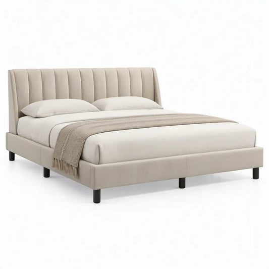 Gestoffeerd tweepersoonsbed 160 x 200 cm beige met verticaal gecapitonneerd hoofdbord