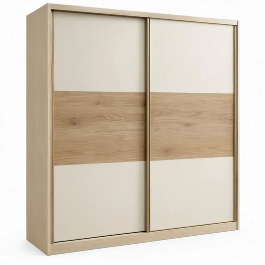 Schuifdeurkast 180 x 60 x 220 cm in Beige en Eikenkleur met 2 Deuren