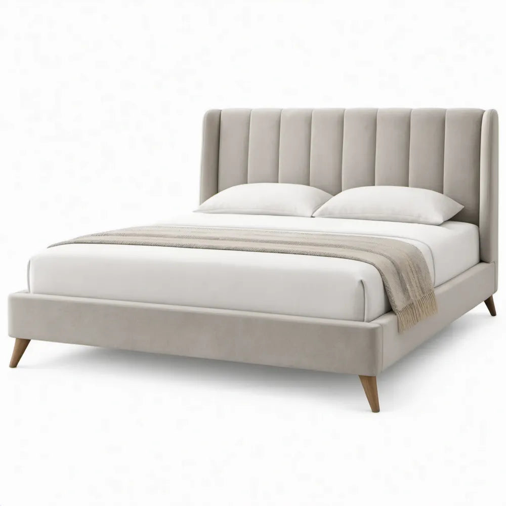 Beige gestoffeerd bedframe met verticaal gecapitonneerd hoofdeinde voor matras 160 x 200 cm