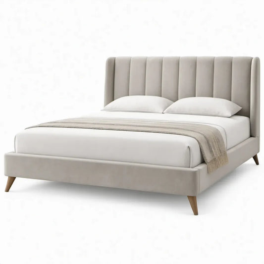 Beige gestoffeerd bedframe met verticaal gecapitonneerd hoofdeinde voor matras 160 x 200 cm