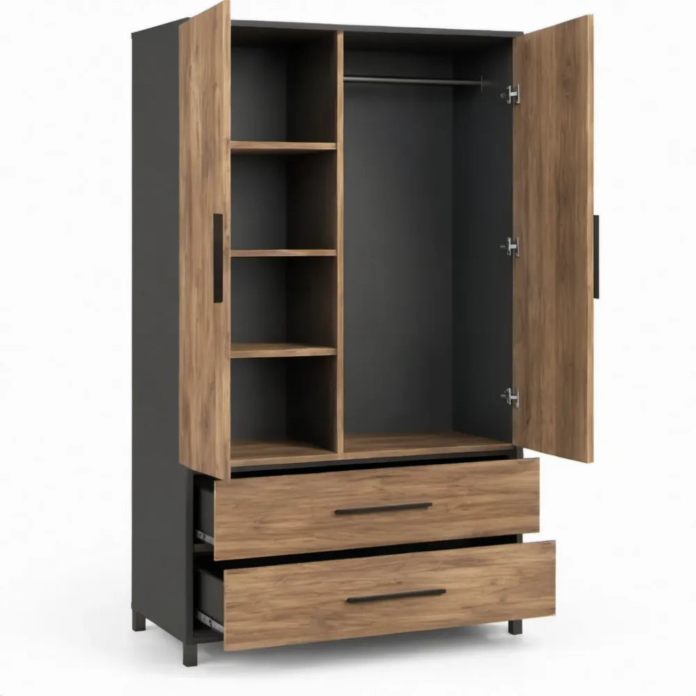 Kledingkast met 2 deuren, 2 laden, kledingroede en legplanken – 100 x 52 x 200 cm – Zwart/Notenhoutkleur