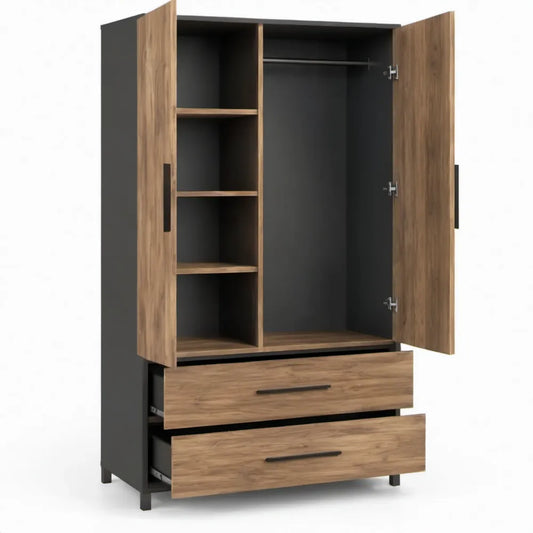 Kledingkast met 2 deuren, 2 laden, kledingroede en legplanken – 100 x 52 x 200 cm – Zwart/Notenhoutkleur