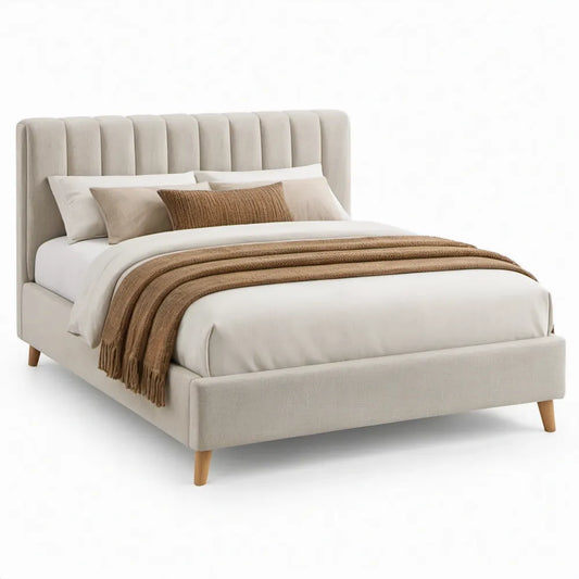 Gestoffeerd tweepersoonsbed beige 160 x 200 cm met houten poten
