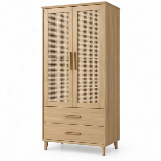 Kledingkast met 2 deuren en 2 lades, 90 x 50 x 190 cm, naturel eiken met beige rotan