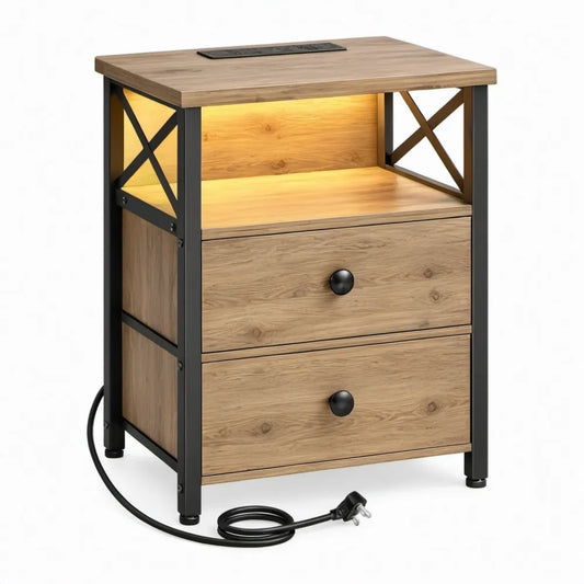 Industrieel nachtkastje met 2 lades, ledverlichting en stopcontacten – Eikenkleurig/Zwart – 40 x 40 x 60 cm