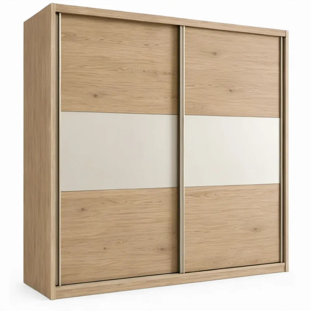 Schuifdeurkast 200 x 60 x 215 cm in naturel eiken en wit met aluminiumkleurige profielen