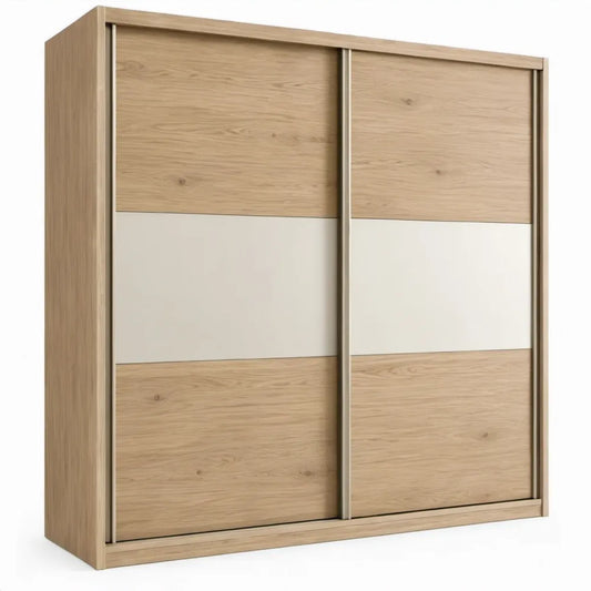 Schuifdeurkast 200 x 60 x 215 cm in naturel eiken en wit met aluminiumkleurige profielen