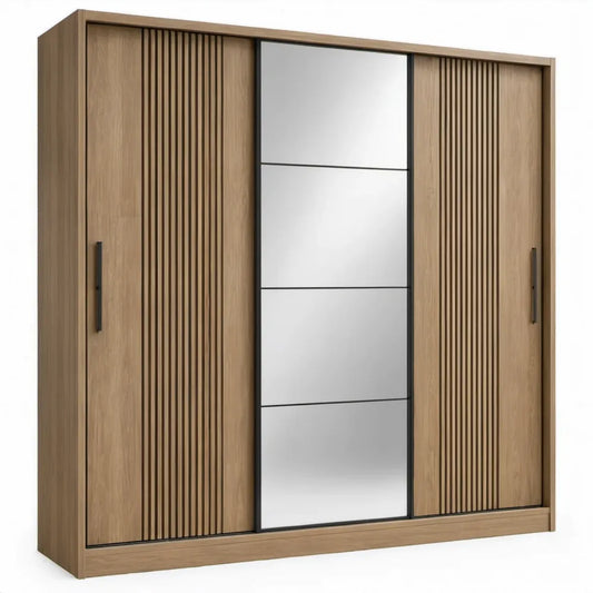 Eikenkleurige schuifdeurkast met 3 deuren en spiegel, 200 x 60 x 220 cm
